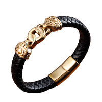 Bracelet de mode multicouche pour hommes fait à la main en cuir de vachette noir tissé en cuir véritable double fermoir en acier inoxydable cuir de vachette noir