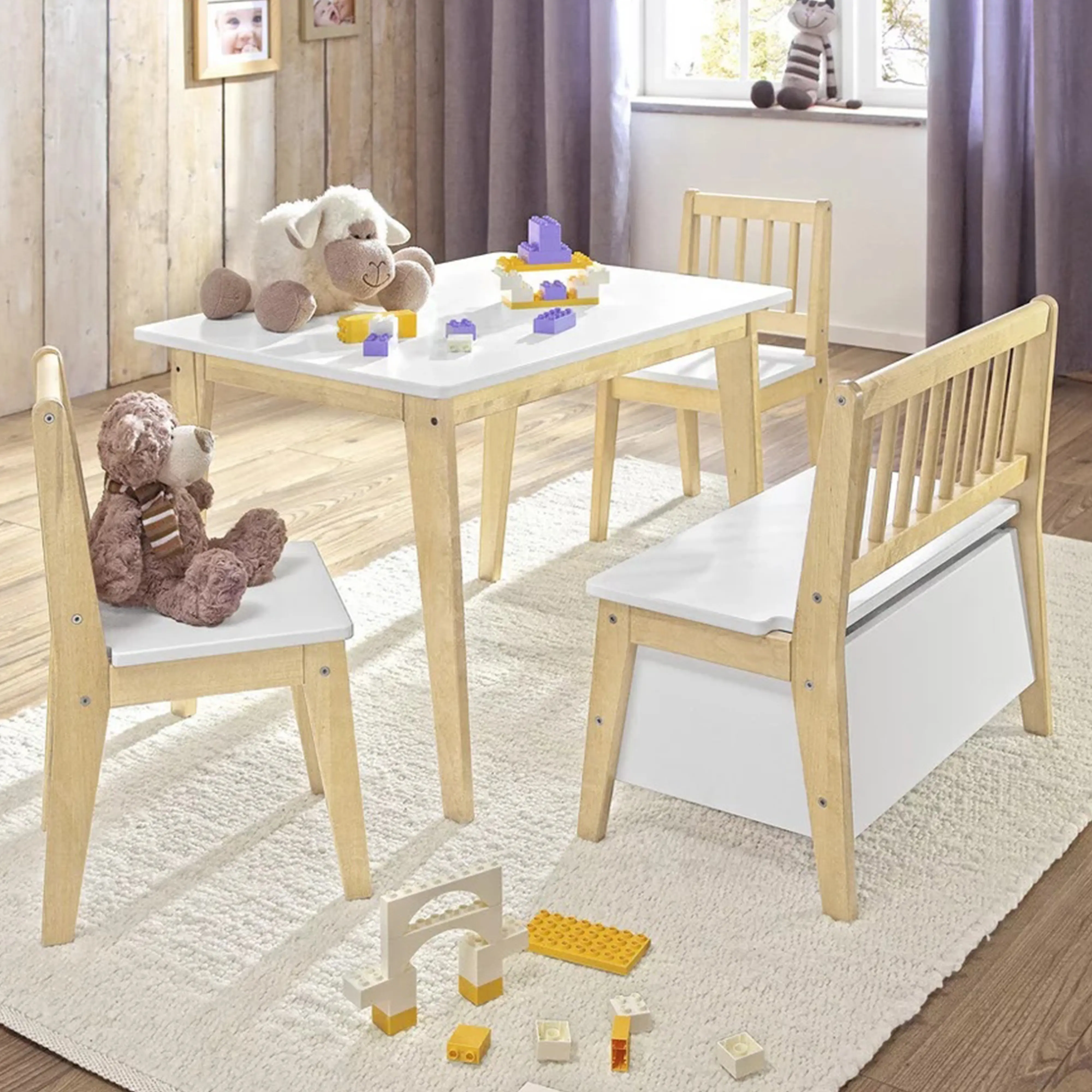 Kids Table and Chair Set Toddler Wood Activity Table with Toy Storage Bench   2 Chairs for Children Reading Arts Drawing Desk