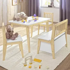 مجموعة طاولة وكرسي خشبي للأطفال مع مقعد لتخزين الألعاب وكرسيين لمكتب الرسم والقراءة للأطفال