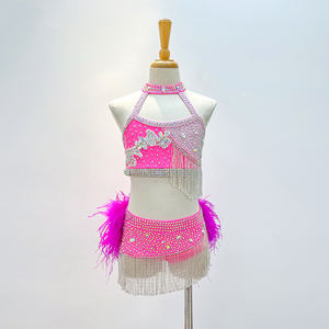 Traje de Baile de Jazz Color Fucsia para Niñas, Dos Piezas con Cuello Halter, Traje Latino Brillante con Flecos y Plumas, Spandex/Nailon - Product Image 5