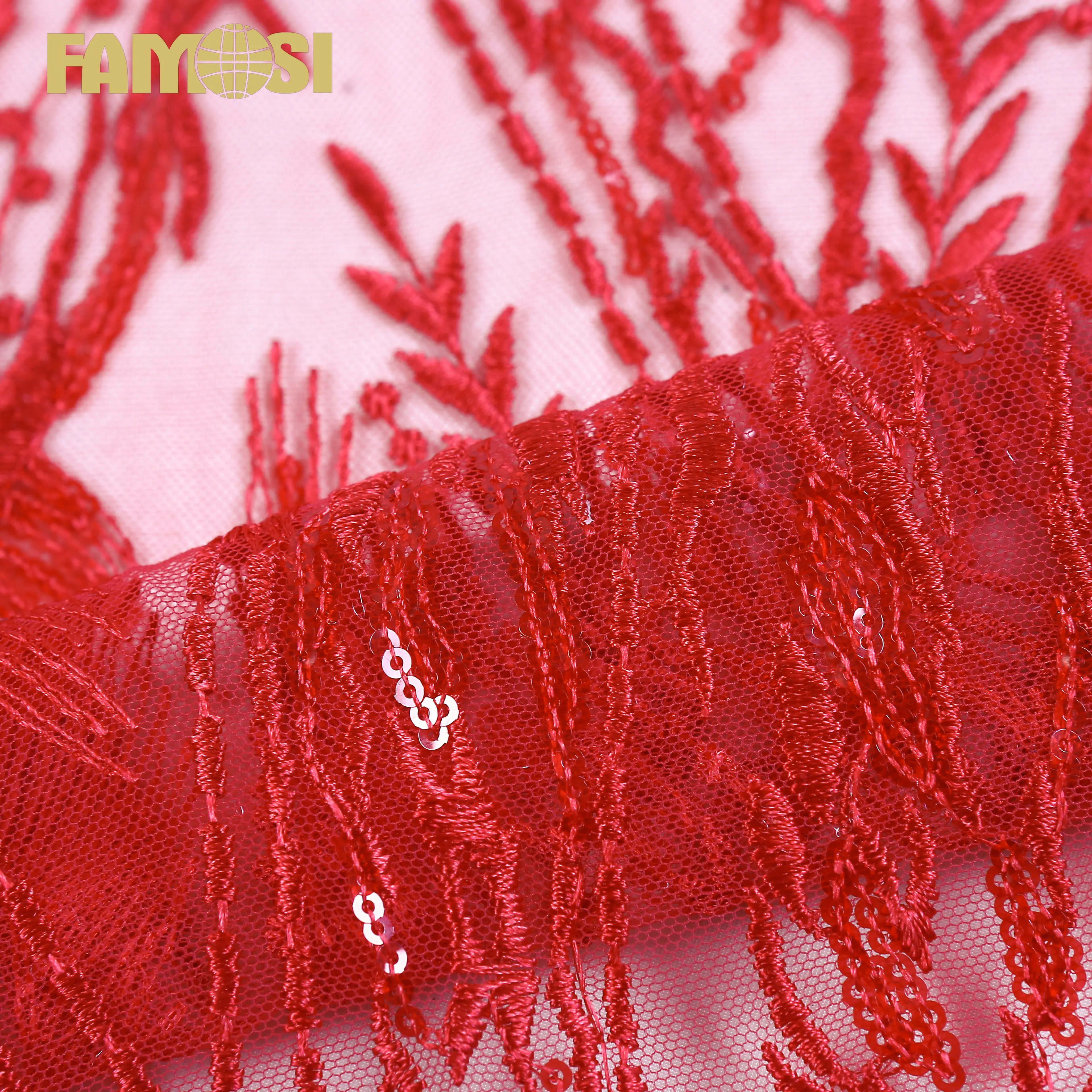 Vải Ren Họa Tiết Lá Thêu Trơn Màu Đỏ Thiết Kế Chất Lượng Cao Cho Váy Cưới