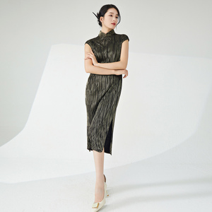 Abito da donna senza maniche a pieghe elasticizzato di media lunghezza, stile retrò <span class=keywords><strong>con</strong></span> <span class=keywords><strong>spacco</strong></span>, design cinese, alta qualità, all'ingrosso - Product Image 3