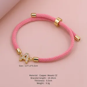 Pink Coarse Woven Rope 26 Letters Accessories Adjustable Bracelet 24K Gold Plating With Cubic Zircons Charm Bracelet Jewelry