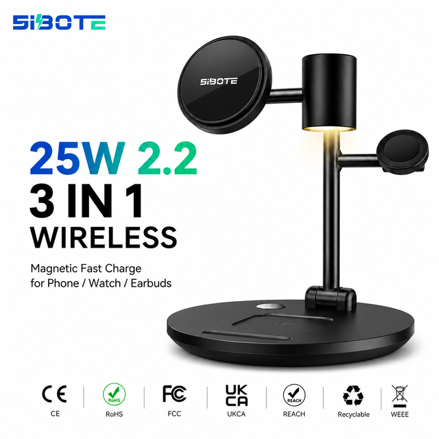 .2 Sibote New 25W Magnetic Wireless Charger Foldable Fast Charging Station with QC3.0 Wireless Charging Stand and Night Light
