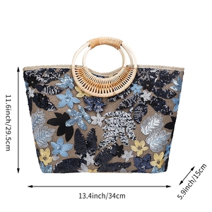 Sac de soirée chic pour femme avec poignée en bambou, broderie de sequins, motif floral, idéal pour mariage, fête ou shopping - Product Image 2