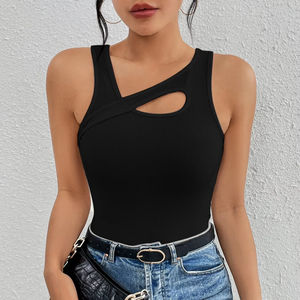 Women's Vintage Short Woven Slim-Fit Strapless Sexy Breathable Eco-Friendly Solid Color Hollow Polyester Fiber <b>Tank</b> <b>Tops</b> Button - Product Image 2