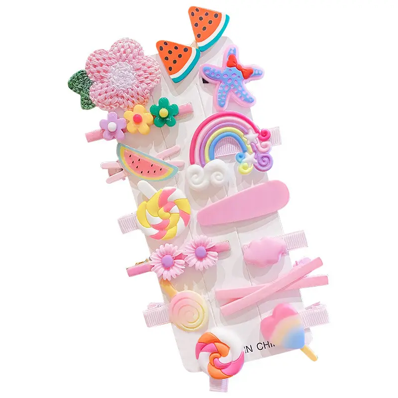 14-piece set Children Plastic Flower Fruit Cute Hairpins Set Girl Lovely Cartoon Rainbow Hair Clip Set Kids Accessories