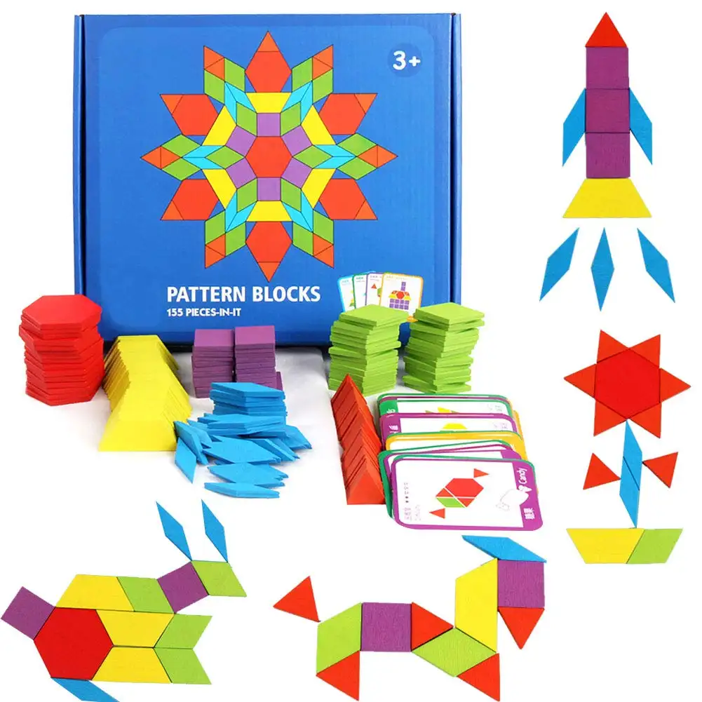 Set Blok Pola Kayu 155 Buah Mainan Tangram Montessori Pendidikan Klasik TK Puzzle Bentuk Geometris untuk Anak-anak Usia