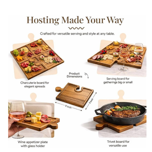 Planche à <span class=keywords><strong>fromage</strong></span> et charcuterie <span class=keywords><strong>en</strong></span> bois d'acacia, style nouveau, 4 pièces, avec support pour verres à vin - Product Image 5