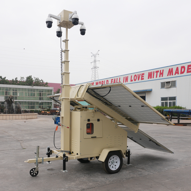 Solar Powered Security Light Camera Trailer, Mobile Solar CCTV Tower With Telescopic Mast Camera for Construction Remote Site