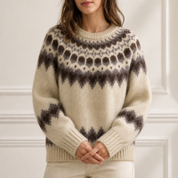 Pull en tricot Fair Isle personnalisé pour femme, col rond, marron avoine, motif de jauge circulaire, usine OEM ODM