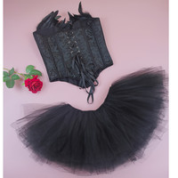 Ensemble de robe corset à plumes vintage, bustier, jupe tutu pour femmes et filles, costume d'ange cygne pour jeux de rôle, tenue de fête de carnaval, tenue de spectacle