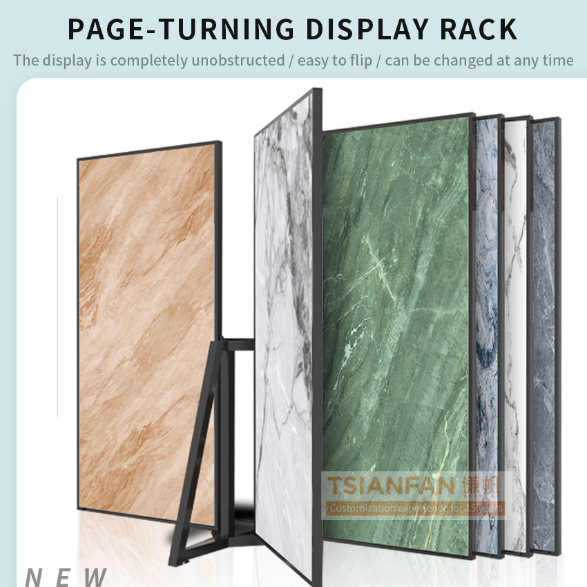 Custom ceramic tile rotating granite artificial stone sample push pull page turn marble metal quartz display stands