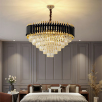 JACKSUN Lustre de Luxe Rond en Fer Doré et Noir avec Cadre en Verre Transparent, Luminaire Suspendu Moderne à 5 Niveaux, pour Hôtel et Salon