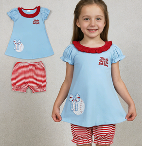 Conjunto de 2 Piezas de Ropa para Niña, Camiseta de Verano Informal con Bordado de Béisbol, Algodón y Spandex, con Volantes, Pantalones Cortos Tipo Bloomer - Product Image 4