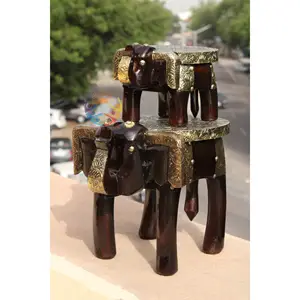 手工木制大象凳子套装2个手工雕刻黄铜贴合凳子漂亮设计的酒吧和家庭木凳