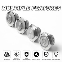 Interrupteurs à bouton-poussoir métalliques étanches IP65 de 19 mm, à réinitialisation automatique, 1NO, à tête plate/à tête haute, avec anneau LED, 24 V, pour contrôle industriel