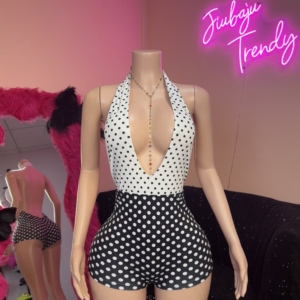 <span class=keywords><strong>Tuta</strong></span> <span class=keywords><strong>Aderente</strong></span> Sexy Autunnale con Scollo a V Senza Maniche e Stampa a Pois, Romper con Schiena Scoperta per Donna - Product Image 1