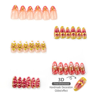 30 faux ongles à presser en amande, motif floral 3D dégradé et pois, avec feuille d'or française, collection automne-hiver, vente en gros - Product Image 3