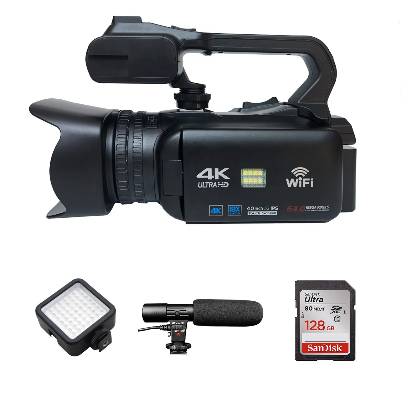 4k 캠코더 비디오 카메라 64MP 와이파이 웹캠 4 인치 터치 스크린 18X 디지털 줌 다기능 캠코더