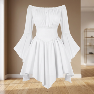 Vestido Mini con Hombros Descubiertos y Mangas Campana, Estilo Asimétrico, Cintura Elástica, Estilo Dulce, Casual de Verano, Blanco, Poliéster - Product Image 3