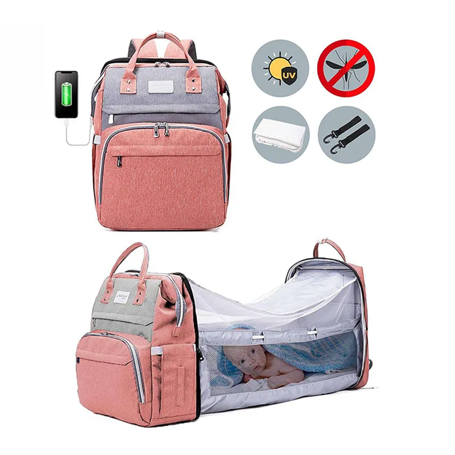 New Waterproof Baby Diaper Nappy Bags Backpack Oxford Folding Crib Mommy Bag Multifunctional Usb Custom Maternity Bed Net Bag
