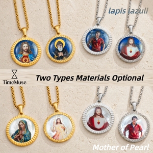 Collar con Colgante de <span class=keywords><strong>San</strong></span> Benito Pintado <span class=keywords><strong>a</strong></span> Mano en Piedra de Lapislázuli, Artículo Religioso con Imagen de Santo Católico, Amuleto Personalizado - Product Image 4