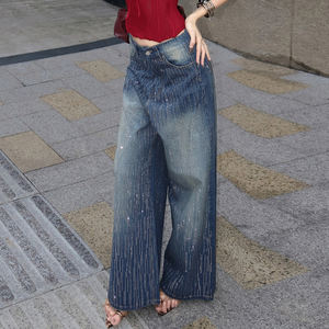 Jeans en denim décontractés à jambe évasée, taille basse, respirants, avec strass scintillants, style Y2K vintage, pour femmes - Product Image 5