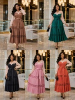 Gaun Wanita Ukuran Besar Elegan Model Miyake Lipit Maxi V-Neck Lengan Puff dengan Ikat Pinggang Lubang Bunga A-Line Pesta Kasual Grosir
