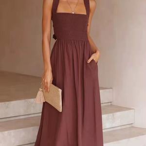 เดรสผ้าลินินลำลองสำหรับผู้หญิง รุ่นใหม่ล่าสุดปี 2025 ขายส่ง เดรสยาวสำหรับวันหยุดฤดูร้อน ผ้าฝ้าย เซ็กซี่ สายคล้องคอ เปิดหลัง - Product Image 2