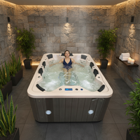 Baignoire Spa Intérieure Moderne avec Encadrement en Bois, Cascade, Éclairage LED et Contrôle Balboa – Idéale pour Villa/Salle de Sport