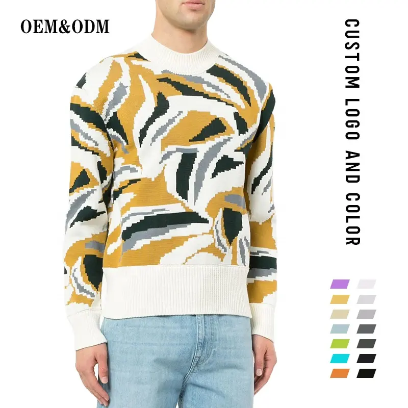 Customized OEM & ODM Long Sleeve Jacquard Pullover Knitted men abstract crew neck Logo sweater design yellow sweater men