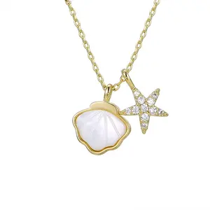 YMnecklace-01244 Xuping jewelry is a fashionable and elegant pearl shell with diamond star pendant and 14K gold necklace