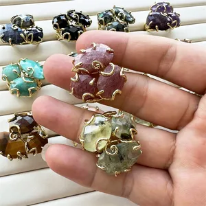 Trendy design natural crystal healing triple stones gold plate ring strawberry quartz sodalite black obsidian women claw jewelry