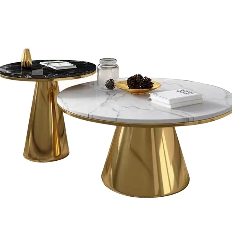 Mesa auxiliar de lujo con luz moderna, mesa de centro redonda de piedra de mármol sinterizado brillante, juegos de mesa de centro con Base de Metal de Pedestal para la venta