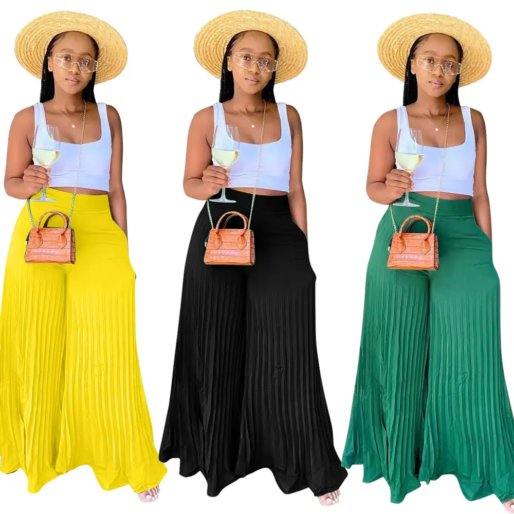 summer 2022 women clothing new Fashion casual solid color high temperature stereotype pleated wide leg pants