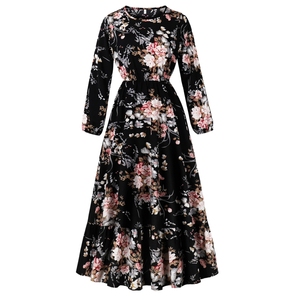 Váy liền thân dáng xòe dài tay in họa tiết thanh lịch cho kỳ nghỉ xuân thu - Product Image 1