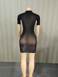 Mini Abito Sexy Trasparente da Donna, Tinta Unita, Collo a O, Maniche Corte, Aderente, Elastico, Abito da Club per la Notte - Product Image 6