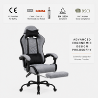 Chaise de jeu ergonomique moderne avec repose-pieds, pivotante, en tissu, réglable en hauteur, dossier haut, chaise de bureau