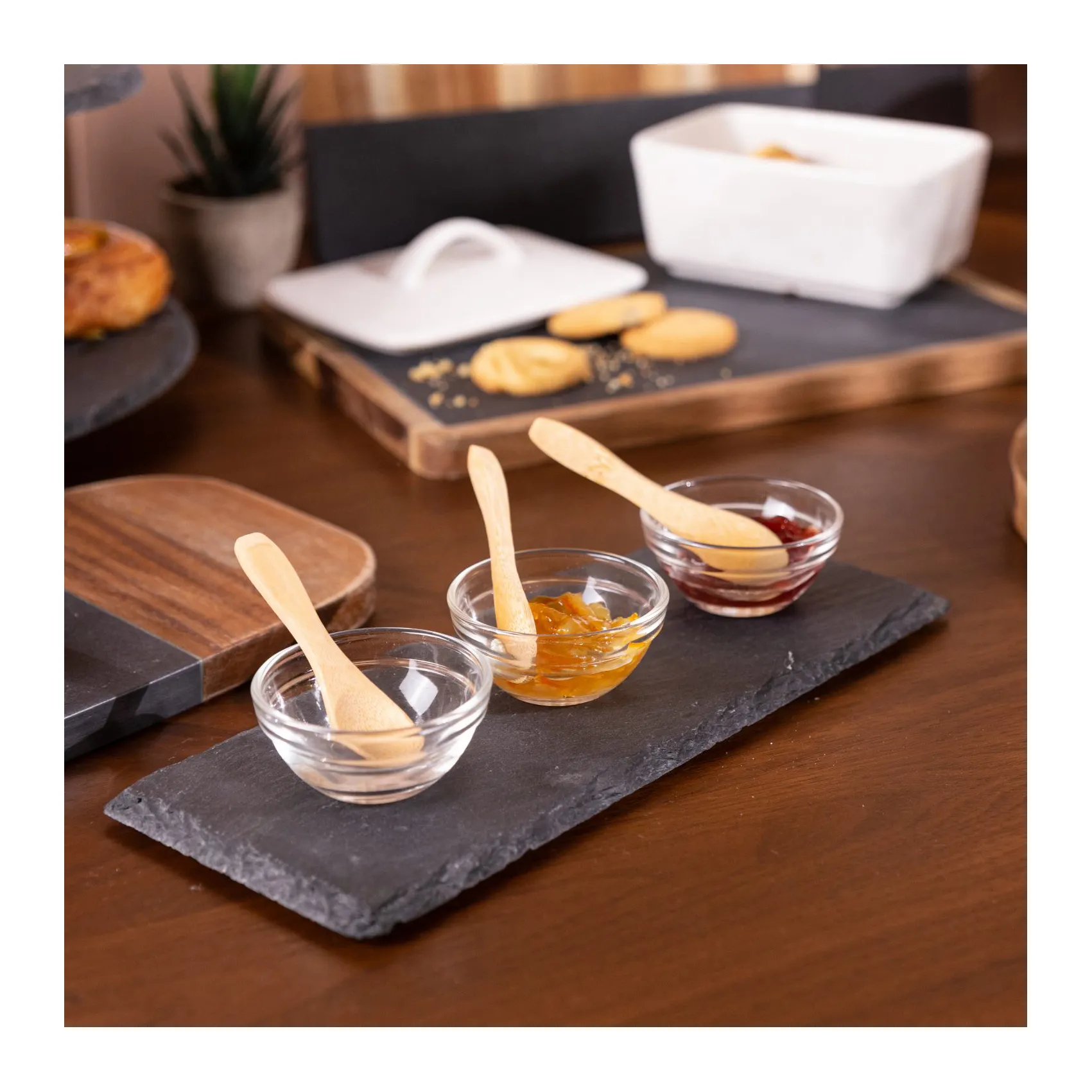 Assiette en ardoise noire naturelle bon marché avec Mini bol à salade en verre et cuillère en bambou ensemble de 3