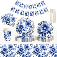 Ensemble de vaisselle jetable DAMAI avec assiettes, gobelets et serviettes en papier à fleurs bleues pour fête du thé, anniversaire, célébration