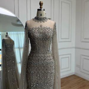 ヌード/ブルー/ターコイズ2025年豪華アラビア語ヌードビーズロングケープスリーブハイネックプロムパーティーフォーマルガウン付きイブニングドレス - Product Image 1