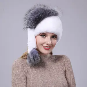 Hand-stitched rex rabbit fur hats of various colors have elastic winter warm women's hats