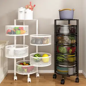 Easy move storage kitchen stand 360 rotating metal cart storage shelf rack round vegetable basket holder 5 tiers
