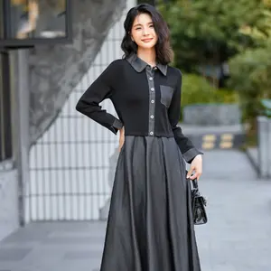 Customised Vintage Tea Break Shirt Neck A-Line Long Sleeve Dress Knitwear Sweater