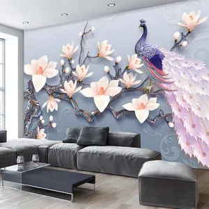 自定义照片 3D 壁纸浮雕玉兰孔雀欧式风格壁画客厅沙发家居装饰防水墙画
