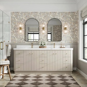 Mobile bagno verticale autoportante a doppio lavabo con base ondulata scanalata, piano in marmo e <span class=keywords><strong>specchio</strong></span> dorato ad arco - Product Image 3