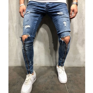Jeans déchirés pour hommes en denim bleu délavé, coupe skinny, fermeture éclair, 97% coton, 3% élasthanne, fabrication OEM en Chine - Product Image 2