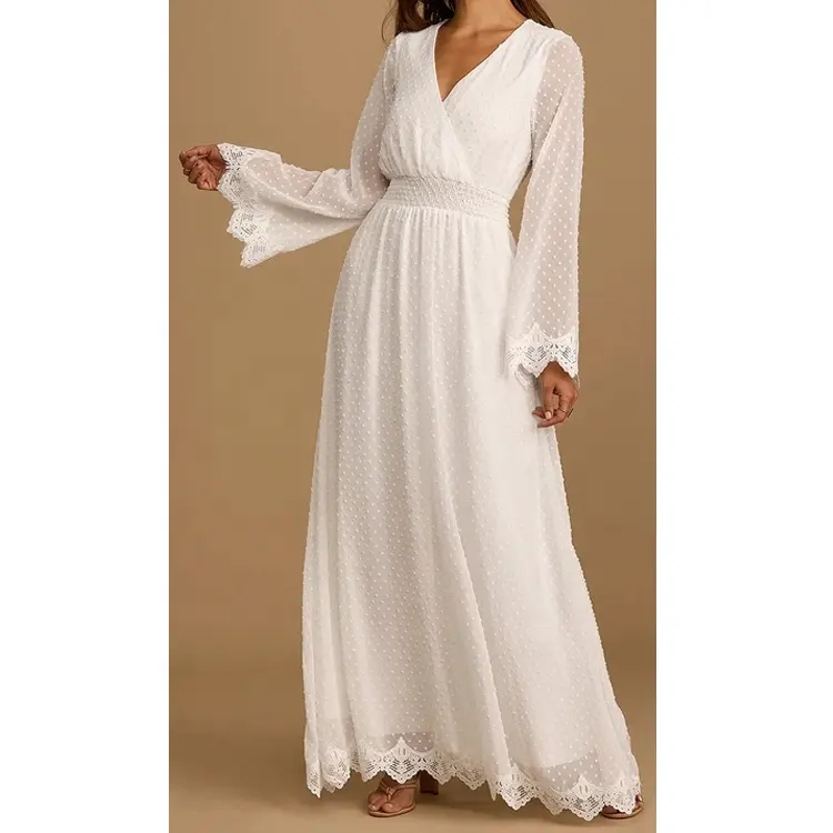 Elegant V neck Lace Sleeve Slit chiffon white dress patterns with long sleeve formal gowns white party dress for women