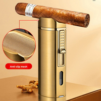 Pemantik Api Butana Premium JH, Pemantik Rokok Vintage Mewah 2 Jet Flame dengan Tempat Cerutu dan Pemotong Cerutu, Dapat Diisi Ulang untuk Merokok Cerutu